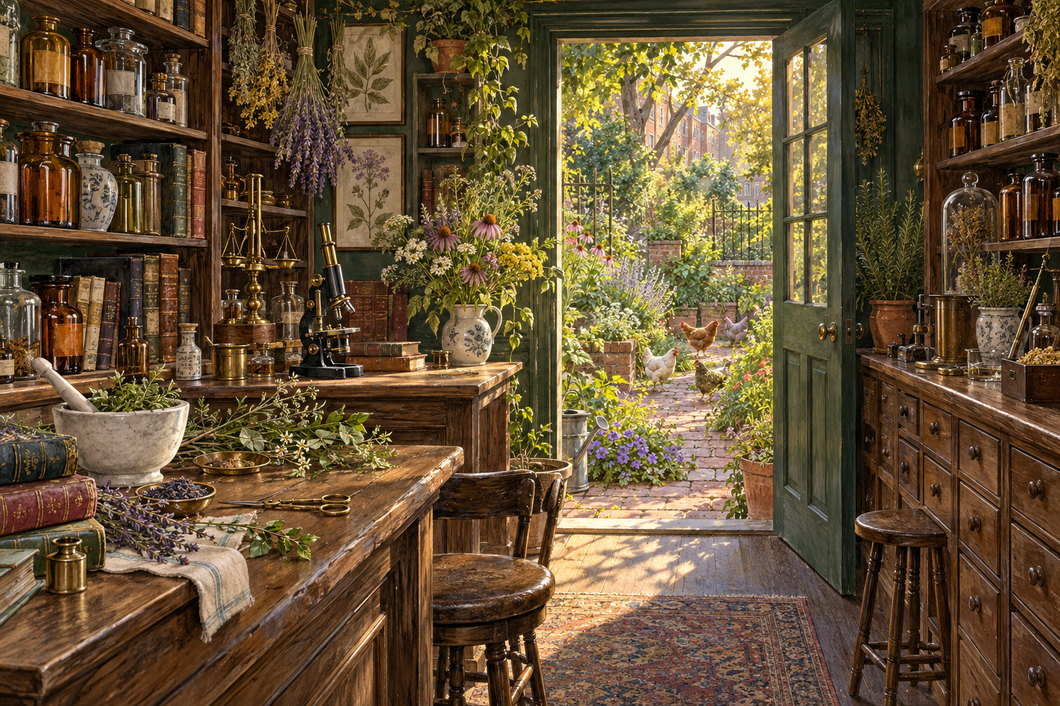 A storybook apothecary with amber jars, a microscope, and an open door to the herb garden and chickens.