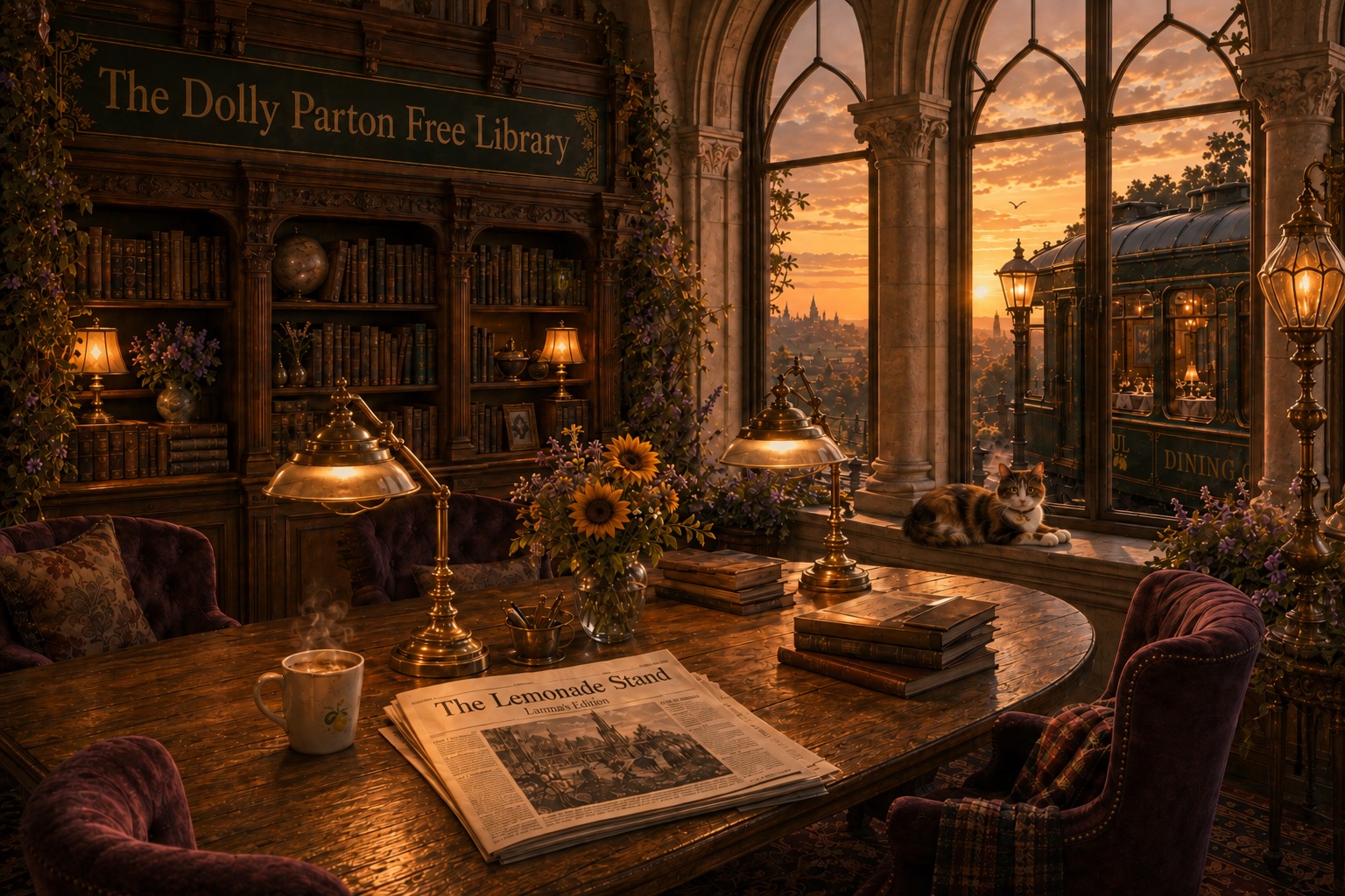 Calico Cait Sìth rests on the library windowsill beside the books and the waiting train.