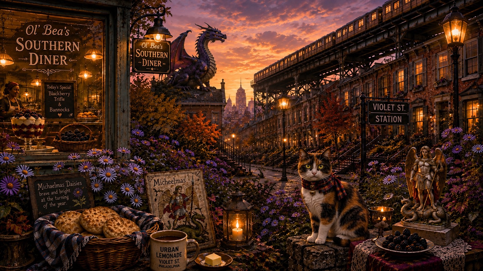 Calico Cait Sìth wears her tartan scarf beside Ol’ Bea’s Southern Diner at dusk.