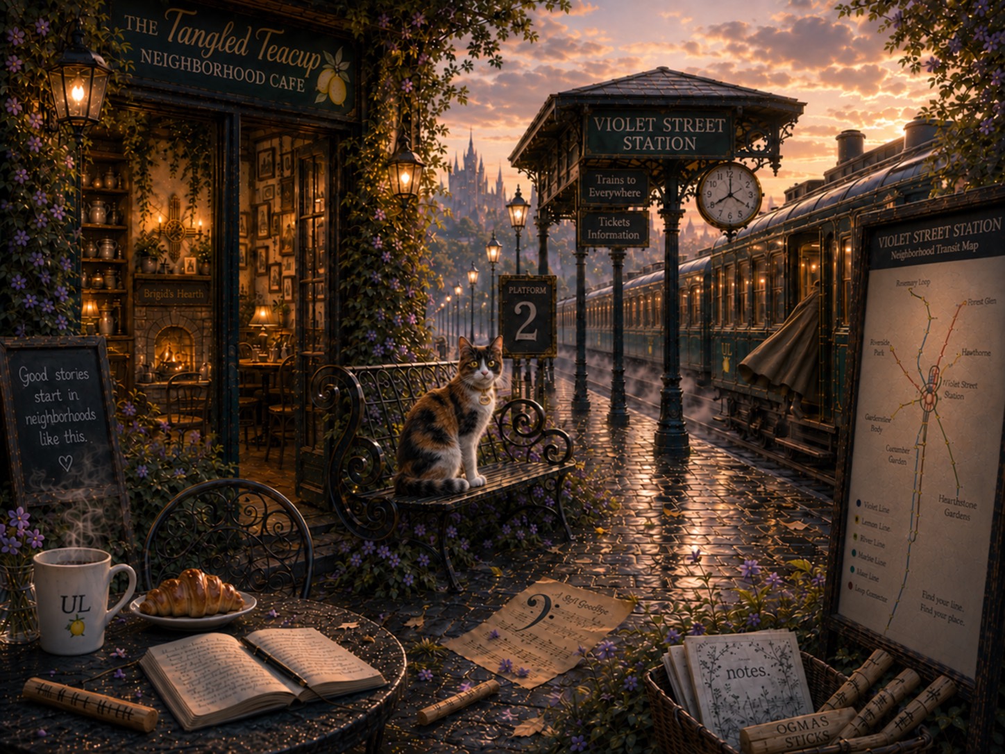 Calico Cait Sìth sits beside THE Tangled Teacup at Violet Street Station at sunset.