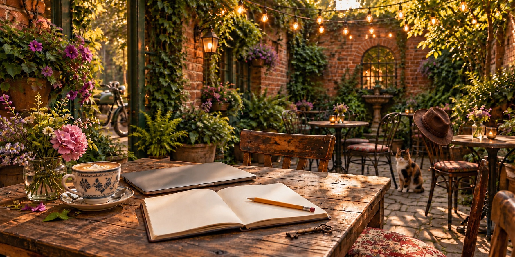 Calico Cait Sìth watches over the lamplit courtyard, with a notebook, coffee, and an antique key.