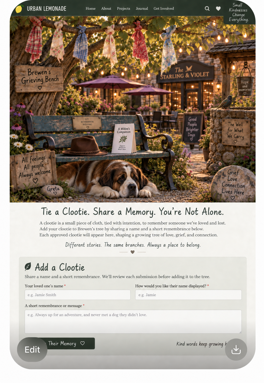 Branwen’s Grieving Bench beneath the Clootie Tree, with Greta, a brown fedora, a widow’s brochure, a starling on the well, a bucket marked Hope and memories, and The Starling & Violet patio.