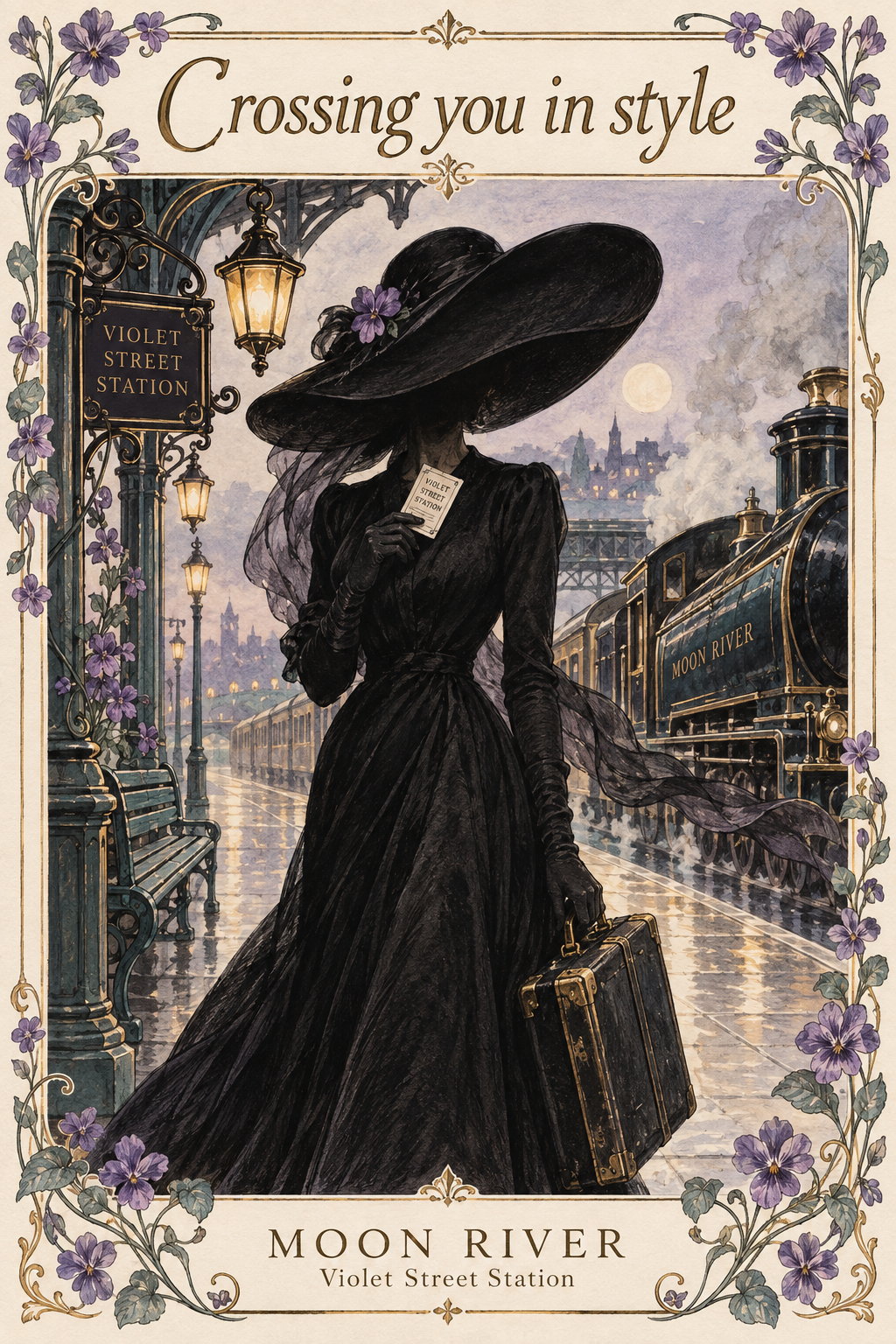 A woman in a black dress and hat waits on the Violet Street Station platform with a train ticket.