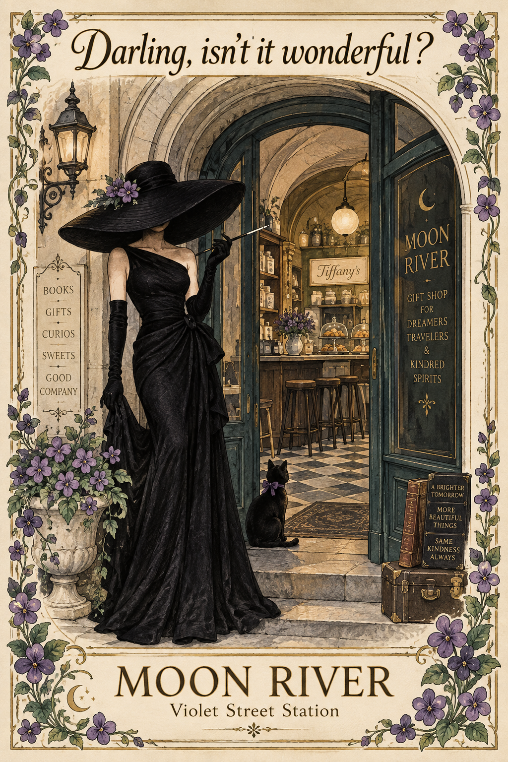 A woman in a black dress and wide-brimmed hat stands at Moon River’s doorway, her face hidden.