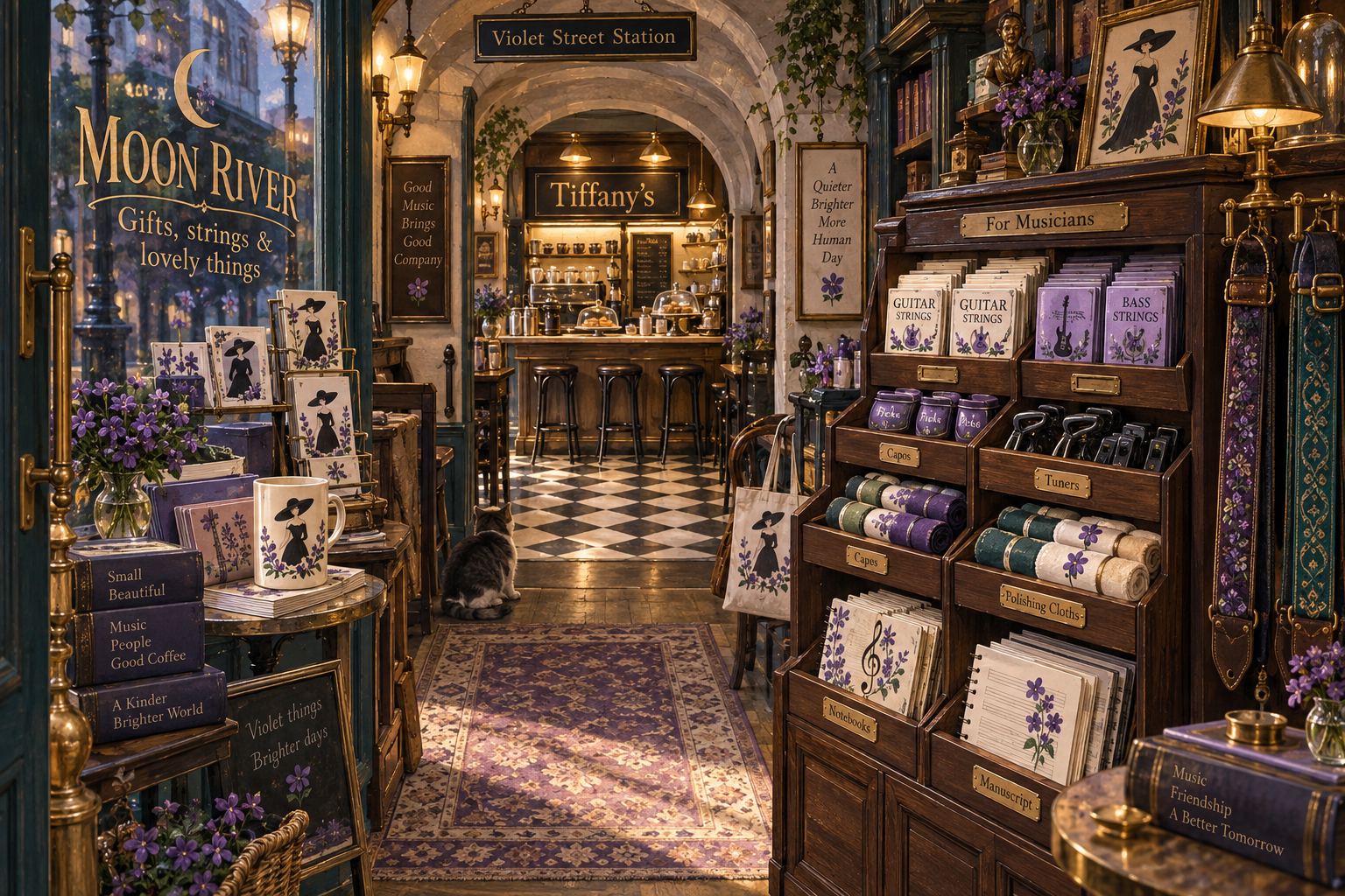 Moon River’s elegant gift shop, with nested stone arches, a musician’s cabinet, and Tiffany’s breakfast counter glowing at the back.