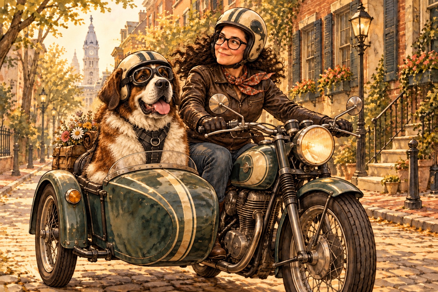 Mrs S rides a vintage motorcycle through Philadelphia with Greta, a Saint Bernard wearing a helmet and goggles, in the sidecar.