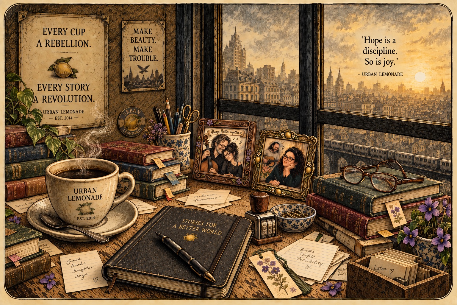 Mrs S’s librarian desk filled with book stacks, bookmarks, notes and a date stamp, beside her coffee, notebook and small framed pictures.