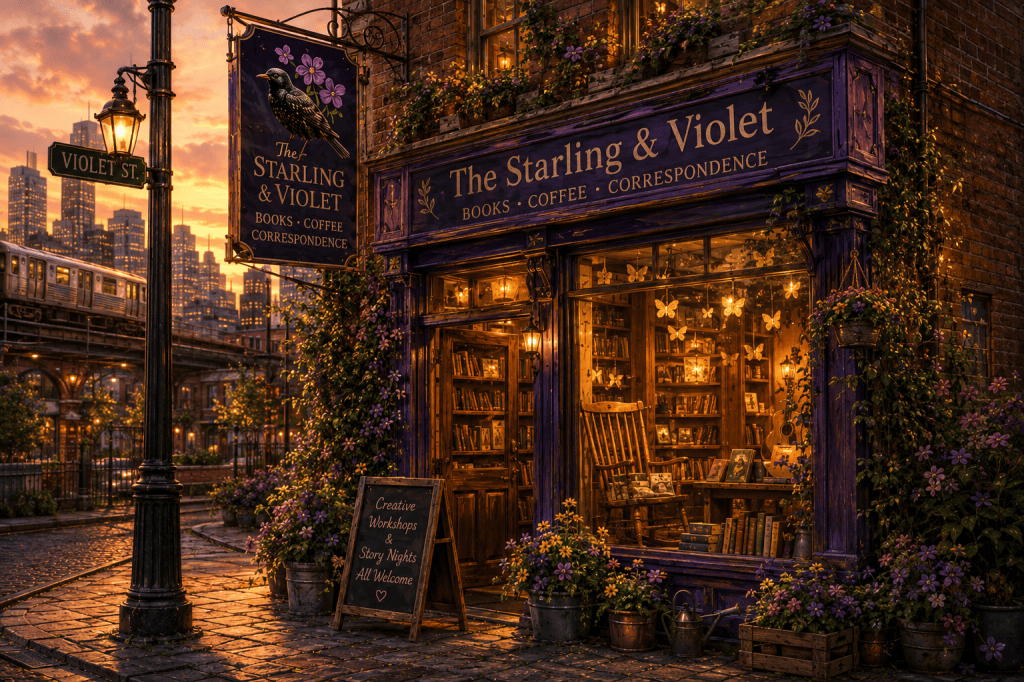 The Starling and Violet bookshop on Violet Street at sunset, with a plum-purple storefront, gold starling sign, glowing windows, books, and violet flowers.