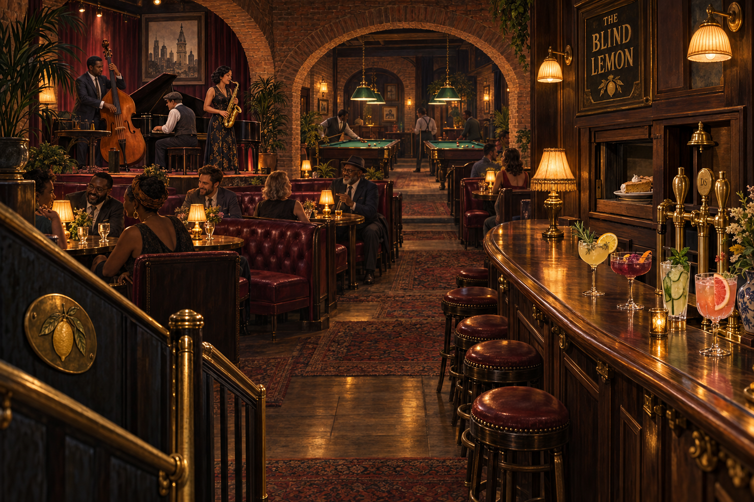 Amber-lit brick speakeasy with a jazz trio, burgundy booths, two pool tables beyond an archway, botanical drinks, brass kombucha taps and an open dumbwaiter holding pie.