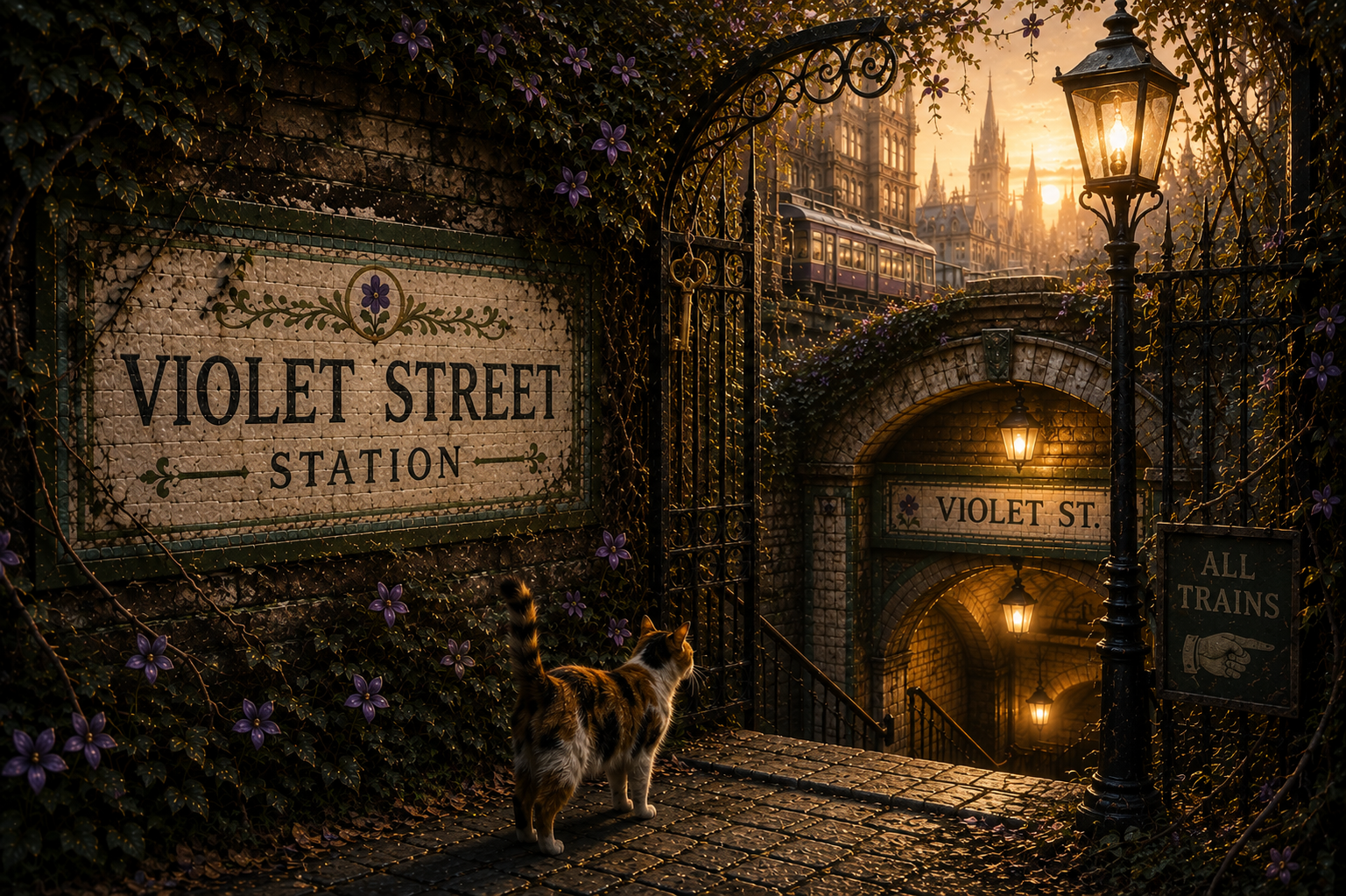 Cait Síth, a calico cat, leads toward the lamplit stairs of Violet Street Station, framed by ivy and violets.