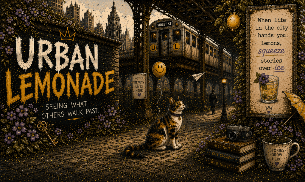 Urban Lemonade platform with a VIOLET ST train, calico cat, violets and a sign reading: When life in the city hands you lemons, squeeze stories over ice.