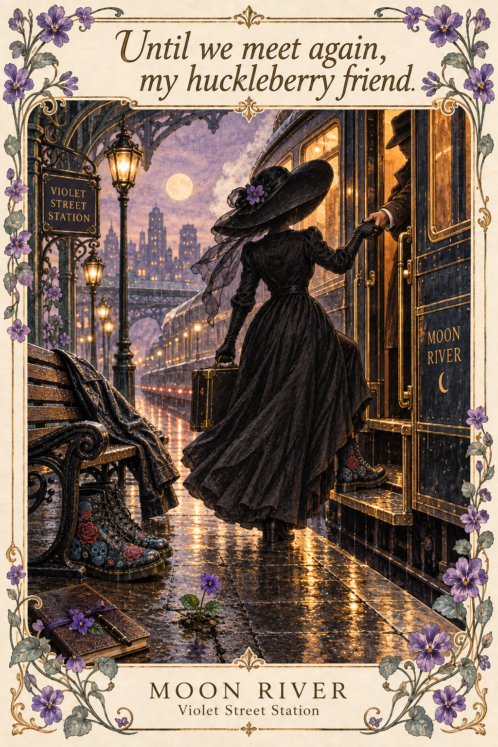 Until we meet again, my huckleberry friend. A woman boards a warmly lit train with a companion’s helping hand; a rain-soaked bench and decorated boots stand nearby.